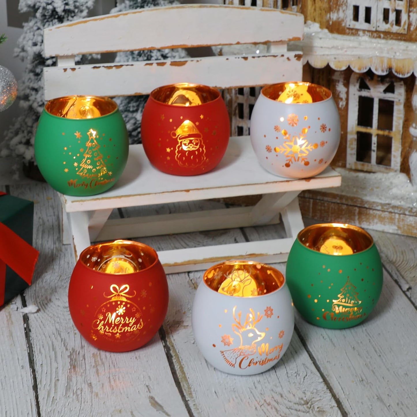 Skiennix Christmas Votive Candle Holder Set - 6 Laser Engraved Designs for Festive Table Decor