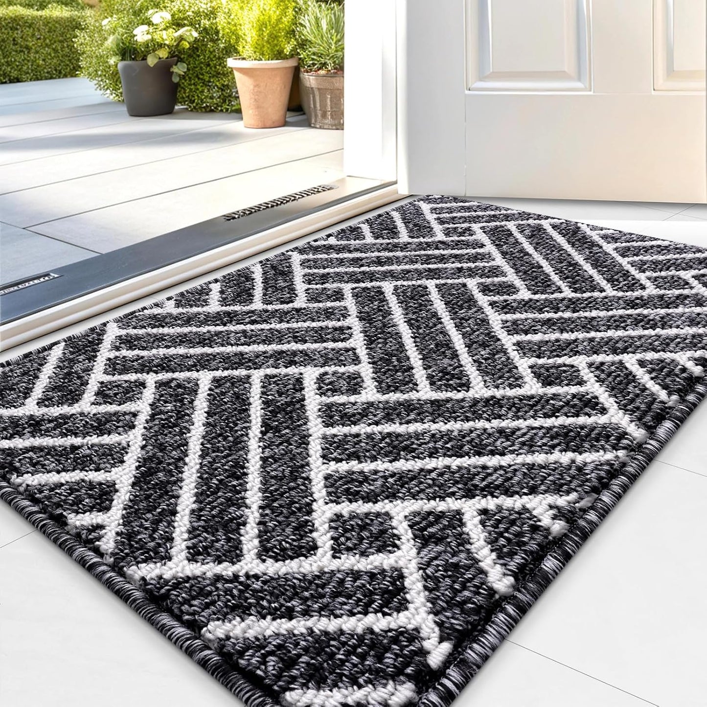 OLANLY Door Mat Set - Geometric Indoor & Outdoor Mats | 29.5"x17" & 32"x20" - Stylish Black Design