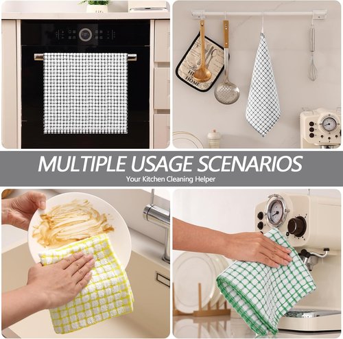 Homaxy Kitchen Towels Set - Super Soft & Absorbent Cotton Dishcloths | 16x25 & 12x12 Inches, 8-Pack in Black, Grey, Yellow, Green