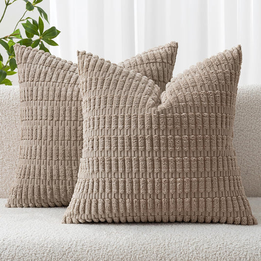 MIULEE Euro Sham Pillow Covers - Soft Boho Striped Corduroy | 24x24 Inch Light Brown Decor for Sofa & Bed