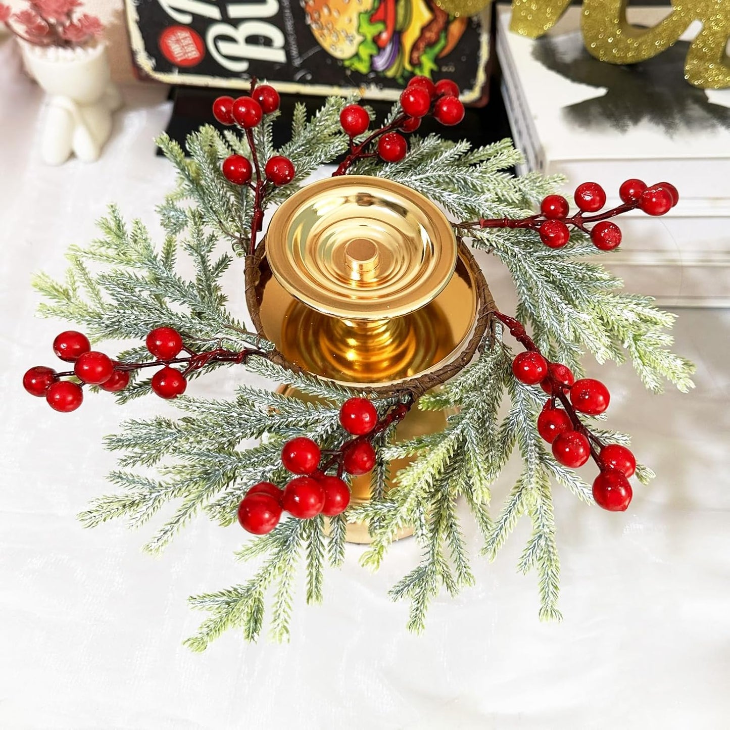 Skiennix Christmas Wreath Candle Rings - 2pcs Artificial Cedar & Cypress with Red Berries | Holiday Table Decor