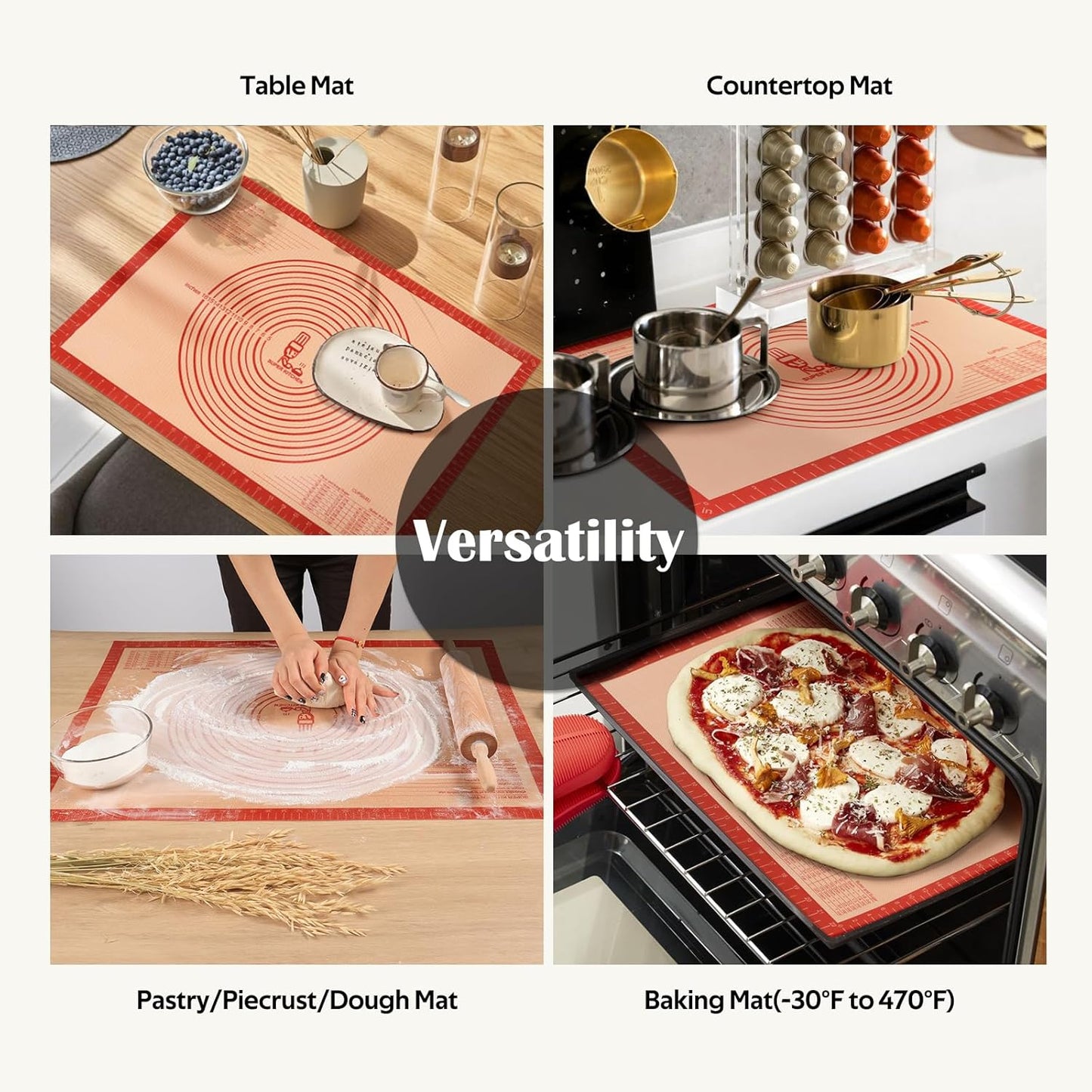 Skiennix Extra Large Non-Slip Silicone Pastry Mat - 36'' x 24'' with Measurements for Baking | Red (Pack of 2)
