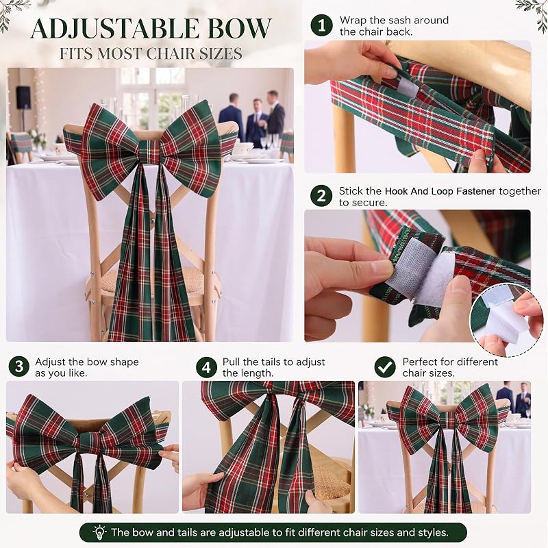 6 Pcs Christmas Chair Bows Decorations 43in Red Green Tartan Plaid – Green Variation