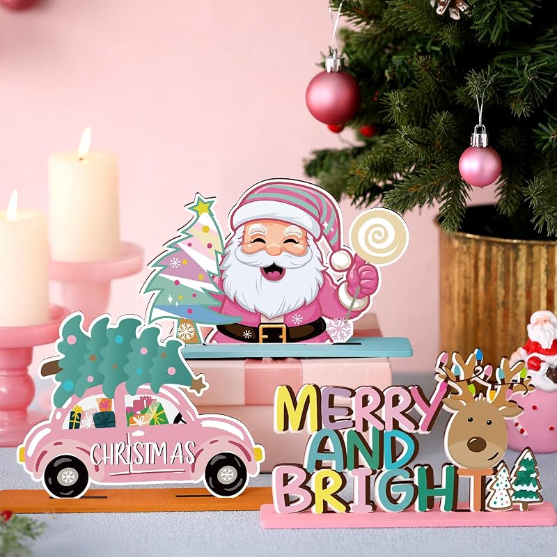Pastel Pink Christmas Wooden Table Decorations - 6 Pcs Holiday Centerpieces