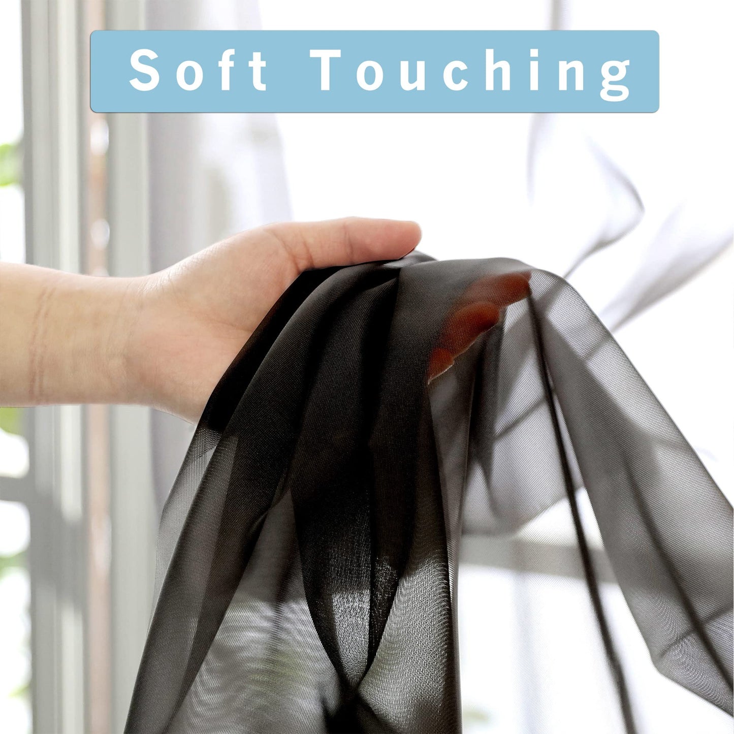 OWENIE Black Sheer Curtains, 45" Long Light Filtering Tiers for Kitchen, Basement, Bedroom - 2 Panels, Cafe Curtains for Small Windows, 42" W x 45" L