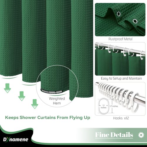 Dynamene Dark Green Fabric Shower Curtain - Waffle Weave Textured Heavy Duty Cloth Shower Curtains for Bathroom, 256GSM Hotel Luxury Weighted Bath Curtain Set with 12 Hooks,72x72, Dark Green