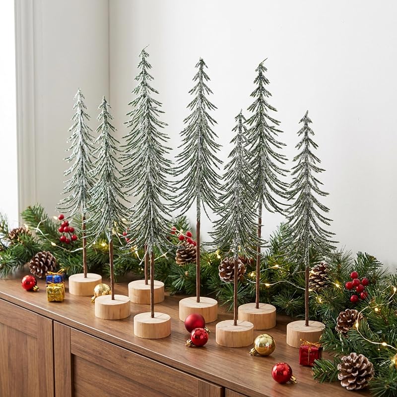 9 Pcs Mini Alpine Christmas Trees Set - Green & White Snow Decor, 12.5in, 12in, 10.5in Variation Green+1in