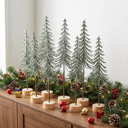 9 Pcs Mini Alpine Christmas Trees Set - Green & White Snow Decor, 12.5in, 12in, 10.5in Variation Green+1in