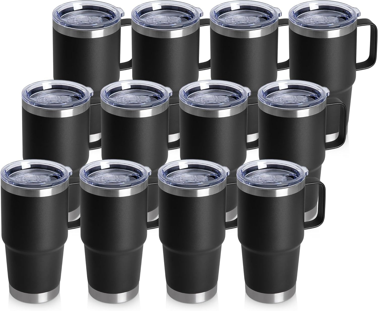 Skiennix 20oz Stainless Steel Tumbler Set - Insulated Travel Coffee Mugs with Handles | Black, 12 Pack