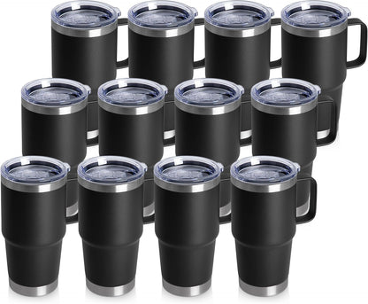 Skiennix 20oz Stainless Steel Tumbler Set - Insulated Travel Coffee Mugs with Handles | Black, 12 Pack