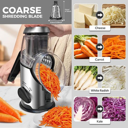 Airpro Rotary Cheese Grater - Versatile Vegetable Shredder with 3 Stainless Steel Blades & Suction Base
