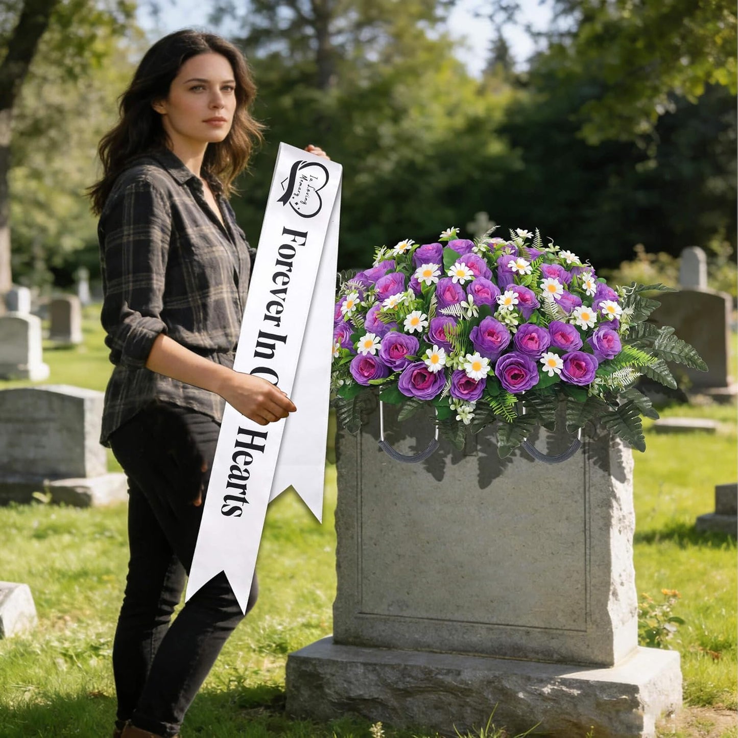 Regine Switzerland Elegant Funeral Wreath Sash - Forever in Our Hearts Memorial Ribbon for Graves & Wreaths (White)