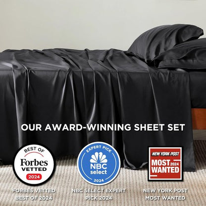 Bedsure Queen Cooling Sheet Set - Soft & Breathable Rayon from Bamboo | Deep Pocket Up to 16" - Black