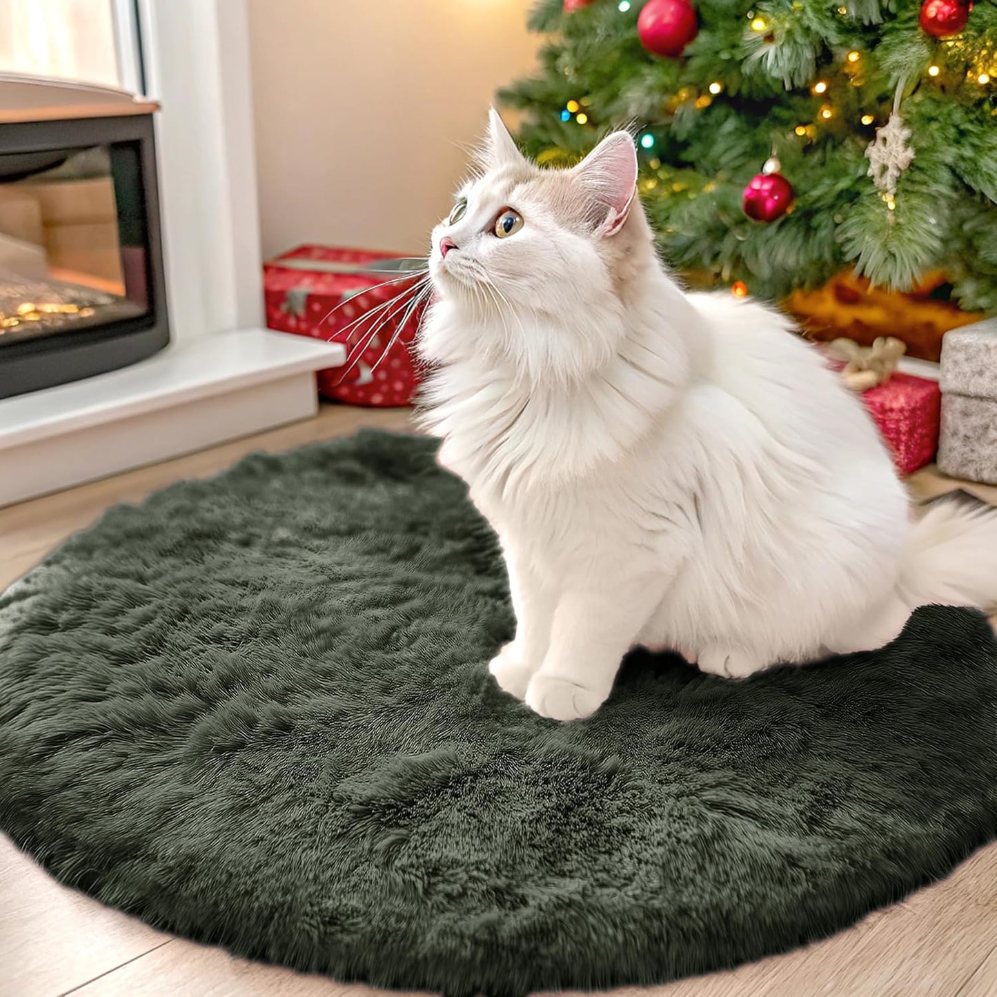 OLANLY Olive Green Round Rug - Soft & Fluffy Machine Washable 2 ft Circle Area Rug for Bedroom & Living Room