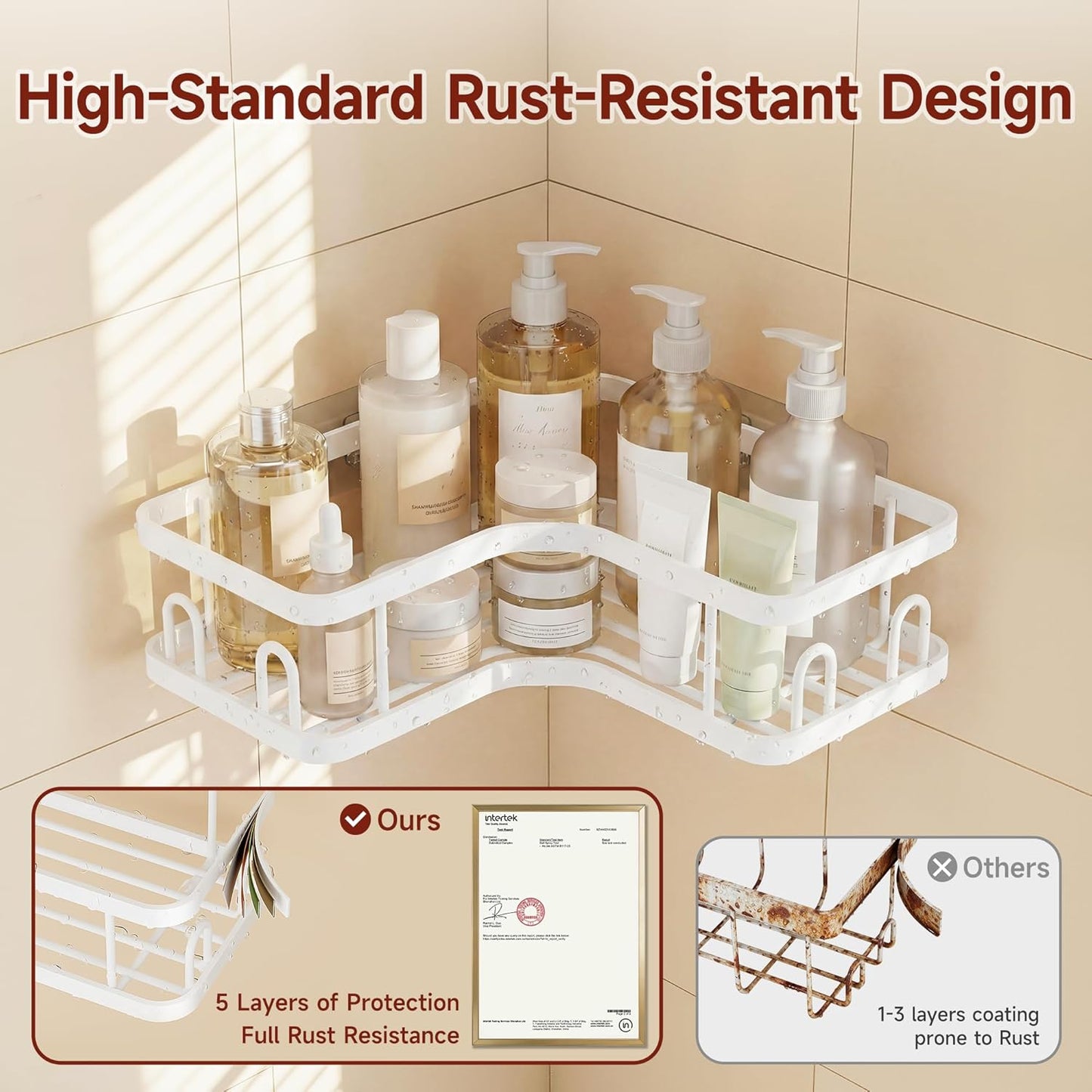 Veken Corner Shower Caddy - Rustproof Adhesive Shelves with Soap Holder | Large Capacity Bathroom Organizer, White