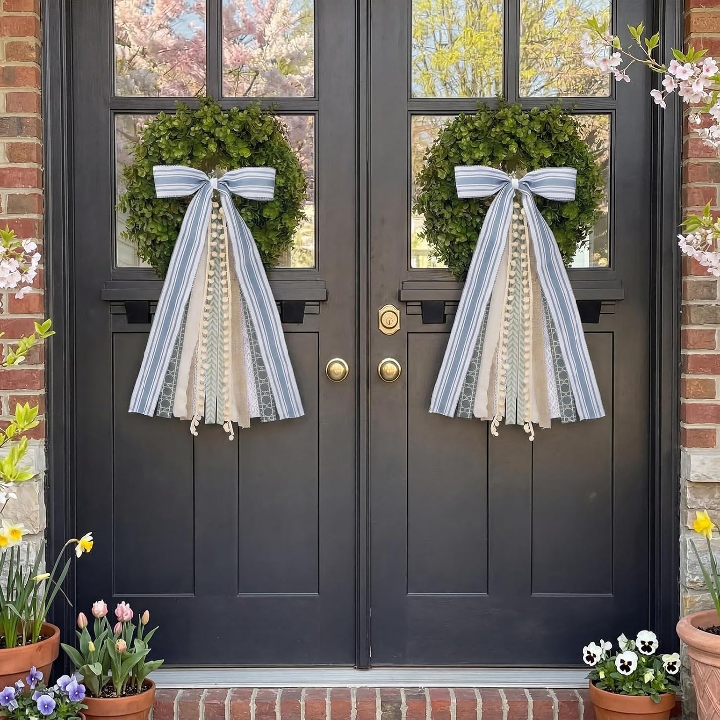 Suncalla Ribbon Bow Bundle - 2 Pcs Grayish Blue & Ivory for Large Wreaths | Indoor & Outdoor Decor