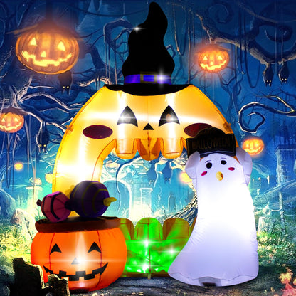 5 Feet Halloween Inflatable Pumpkin Outdoor Decoration with LED Lights, Blow up Halloween Ghost Hollowed Out Archway Pumpkin Inflatable Decor for Indoor Outdoor Yard Halloween Party Photo Spot