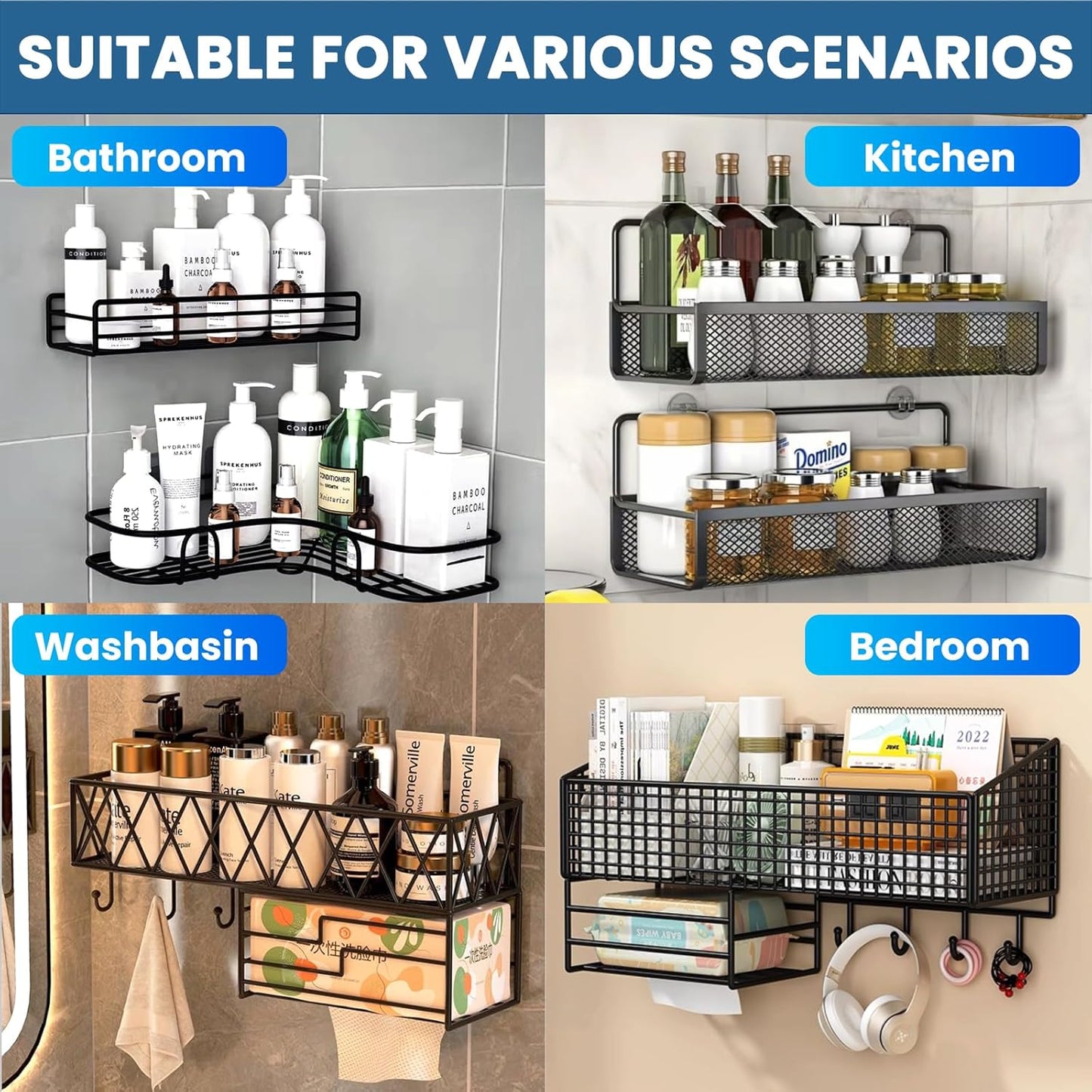 Skiennix Shower Caddy Adhesive Replacement - Strong No-Drill Hooks with Waterproof Strips | 18 Pack
