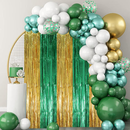 Voircoloria Green and Gold Foil Fringe Backdrop Curtains - 3 Pack Tinsel Streamers for Parties | 3.3 x 8.2 ft