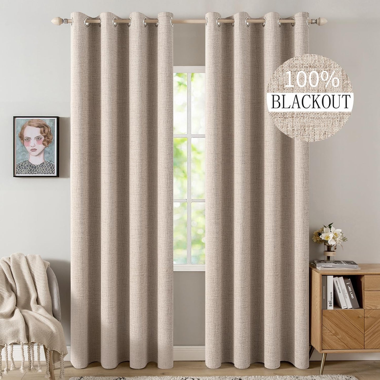 MIULEE 100% Blackout Linen Textured Curtains - Thermal Insulated Natural Beige Drapes | 52 x 78 Inch (2 Panels)