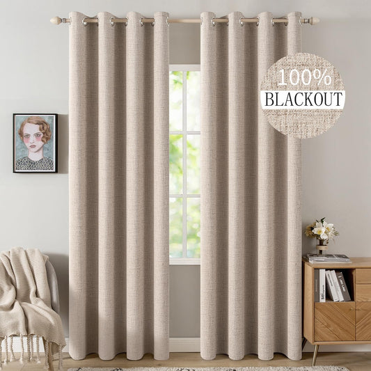 MIULEE 100% Blackout Linen Textured Curtains - Thermal Insulated Natural Beige Drapes | 52 x 78 Inch (2 Panels)