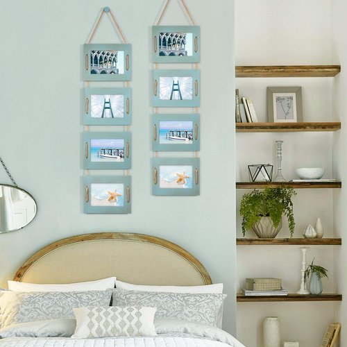 DLQuarts 5x7 Hanging Collage Picture Frames Wall Decor, 4-Opening 5x7 Matted to 3.5x5 Photo Rustic Wood Frame with Hemp Rope, 2 Pack, Ocean Blue
