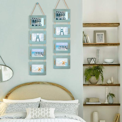 DLQuarts 5x7 Hanging Collage Picture Frames Wall Decor, 4-Opening 5x7 Matted to 3.5x5 Photo Rustic Wood Frame with Hemp Rope, 2 Pack, Ocean Blue