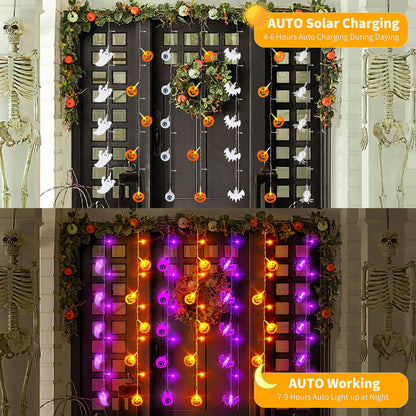 (USB Plug & Solar Power 2 in 1) Solar Halloween Curtain String Lights, 8 Modes Solar Halloween Lights Decorations for Outdoor, USB Halloween Lights Decor for Indoor (Ghost+Pumpkin+Eyeball+Bat+Spider)