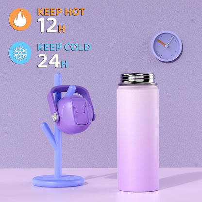 Skiennix 18oz Kids Insulated Water Bottle - BPA-Free Stainless Steel Travel Tumbler (Purple)