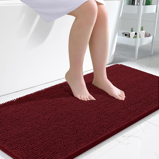 OLANLY Bathroom Rugs - Extra Soft Chenille Bath Mats with Rubber Backing | 47x24 Inches, Burgundy