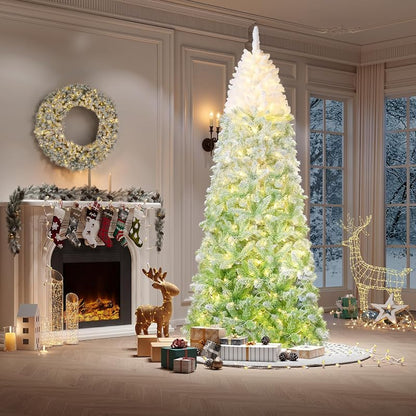 6ft Green Gradient Snow Flocked Prelit Pencil Christmas Tree - 100 Dual Color LED Lights, 320 Tips, Metal Stand (Variation: White & Green Gradient+6ft)