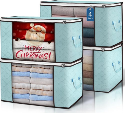 Budding Joy 90L Large Storage Bags - 4 Pack Foldable Closet Organizers for Clothes & Bedding (Blue)
