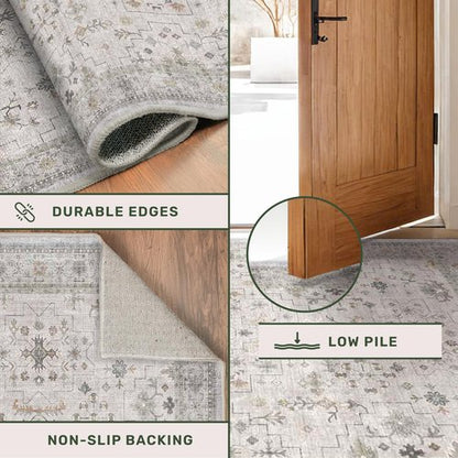 Hazo Haus Boho Light Grey Living Room Rug 6x9 - Modern Vintage Eclectic Floral Paste Neutral Taupe, Washable Low Pile Non-Slip Large Area Rugs for Dining Under Table Bedroom