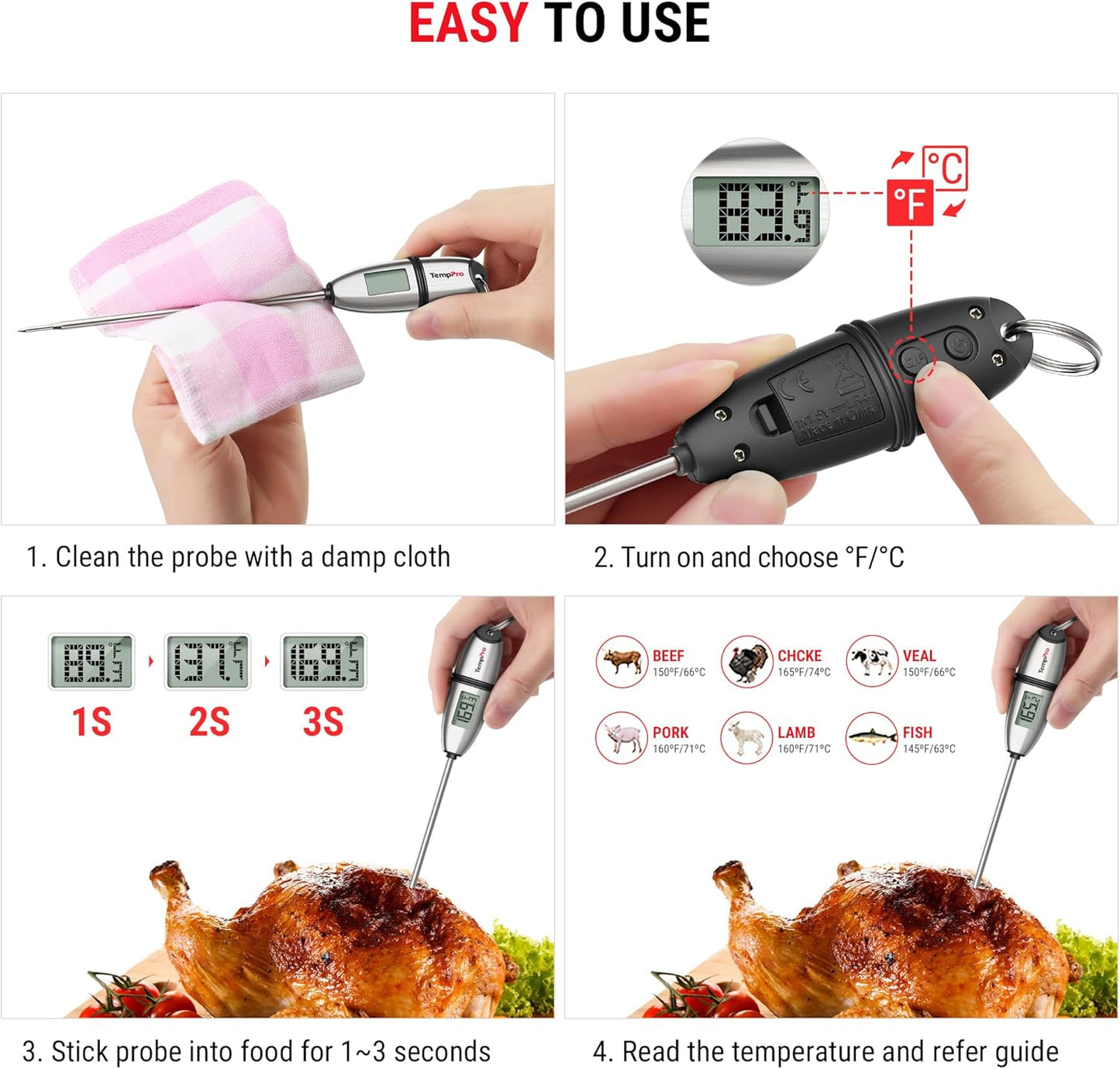 TempPro Digital Food Thermometer - Super Long Probe for Cooking, Baking, and BBQ | Ideal for Meat & Sourdough