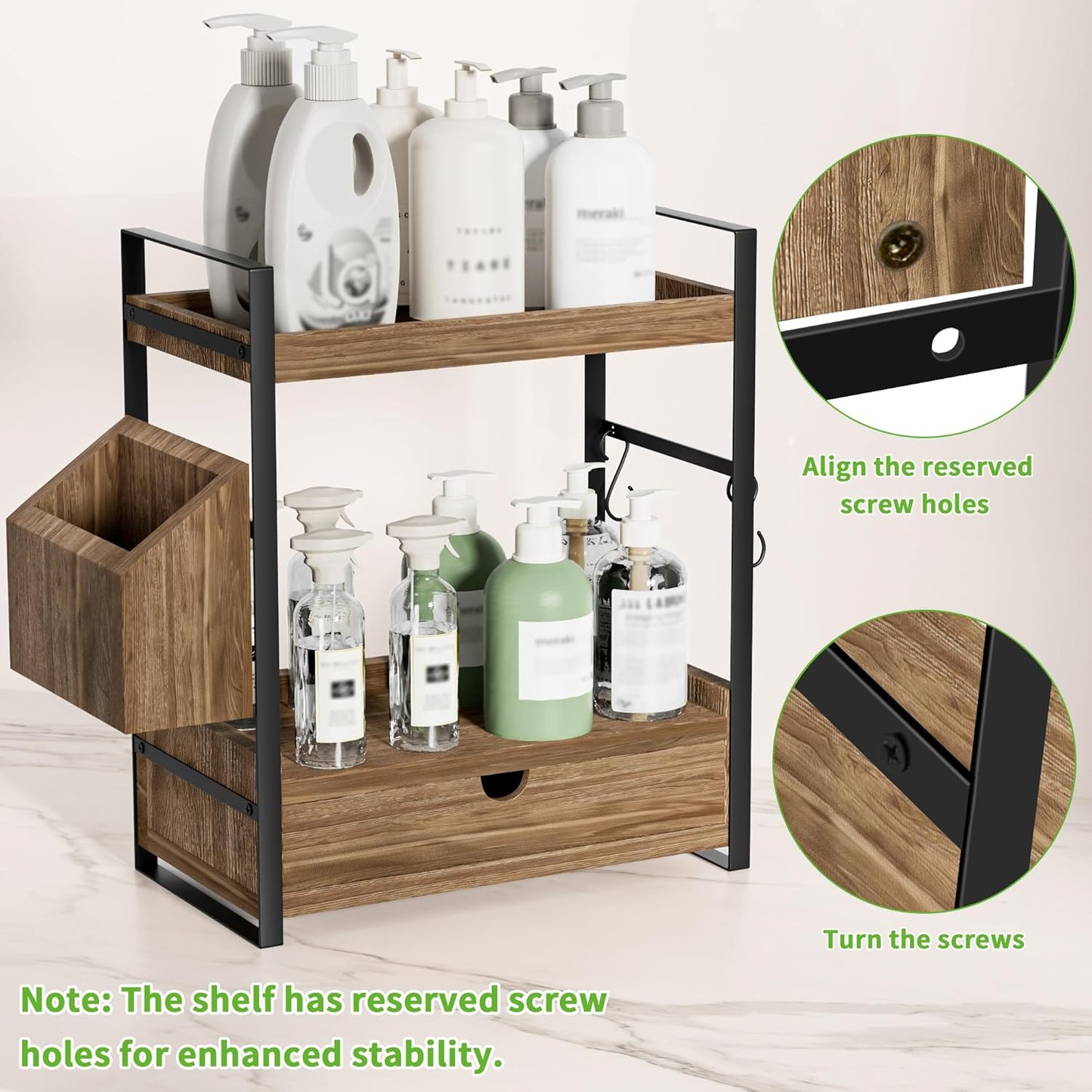 Skiennix 2-Tier Bathroom Counter Organizer - Stylish Wood Storage with Drawer & Basket | Dark Brown