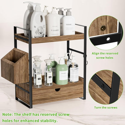 Skiennix 2-Tier Bathroom Counter Organizer - Stylish Wood Storage with Drawer & Basket | Dark Brown