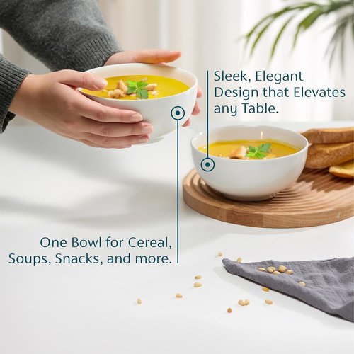 KooK Ceramic Cereal Bowls - 24 oz Deep Interior Porcelain Dishes | Microwave & Dishwasher Safe, Set of 6, Marshmallow White