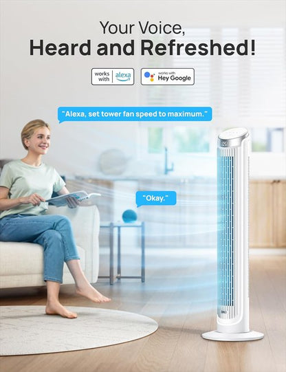 DREO Smart Tower Fan - 90° Oscillating Quiet Floor Fan with Remote & Voice Control | 12H Timer, 26ft/s Velocity