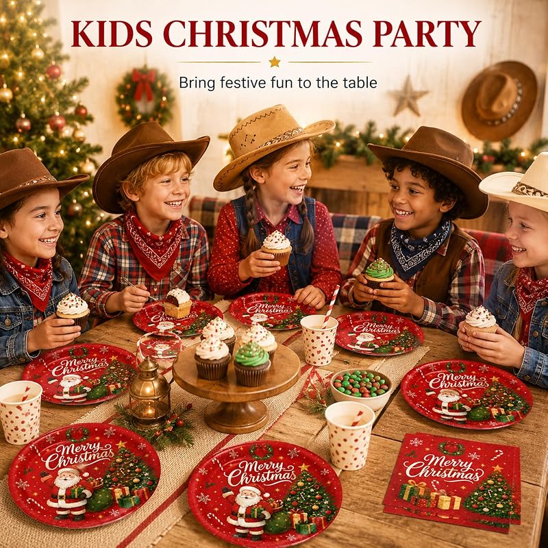 Christmas Plates and Napkins Set 50PCS 7 Inch - Santa & Trees Design Variation: Christmas