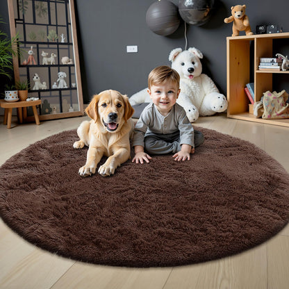OLANLY Coffee Round Rugs for Bedroom - Machine Washable, 5 ft Circle Area Rugs for Living Room, Soft and Fluffy Shaggy Carpet for Teen Girls and Boys, Nursery Rooms, Dorms, Home Decor Aesthetic