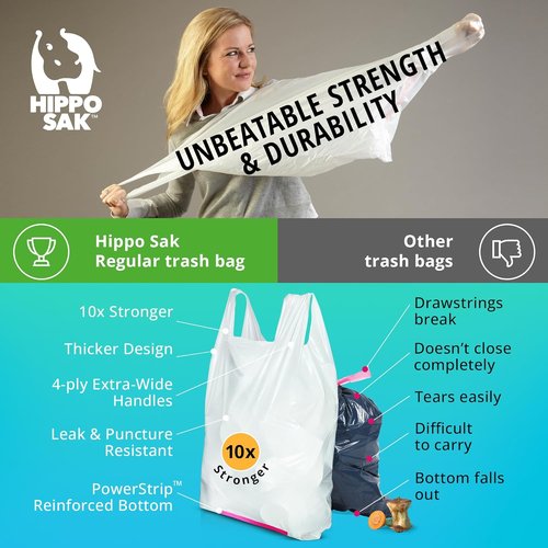 Hippo Sak - Heavy Duty 13 Gallon Kitchen Trash Bags with Ergonomic Handles - 90 Count, Leak Proof Design