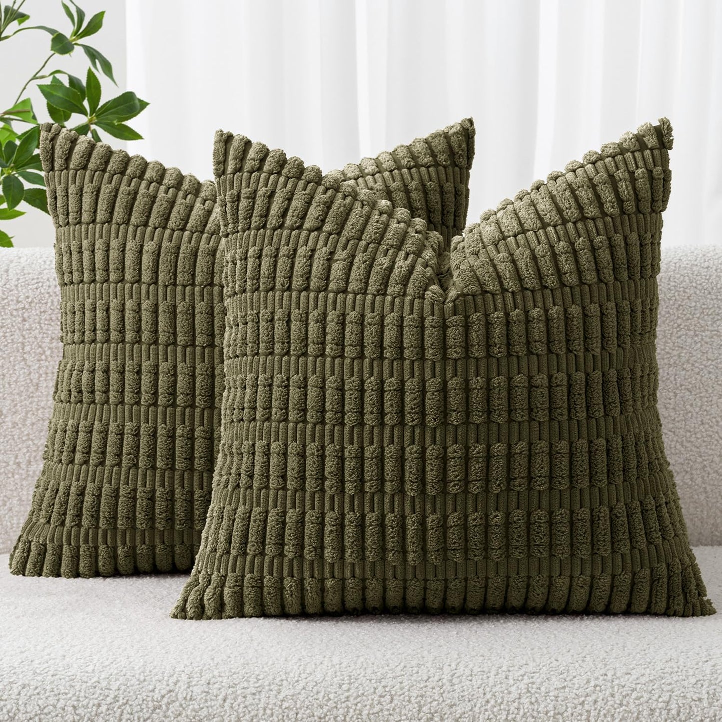 MIULEE Decorative Throw Pillow Covers - Soft Boho Striped Corduroy | 18x18 Inch Olive Green, Pack of 2