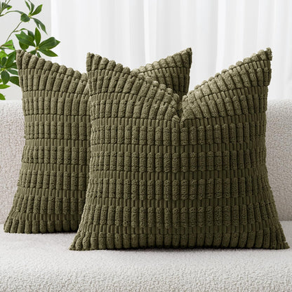 MIULEE Decorative Throw Pillow Covers - Soft Boho Striped Corduroy | 18x18 Inch Olive Green, Pack of 2
