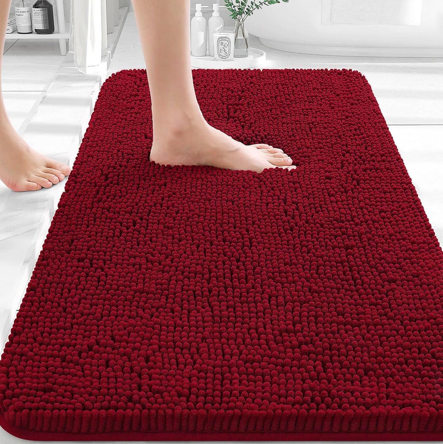 OLANLY Bathroom Rugs - Extra Soft Chenille Bath Mats with Rubber Backing | Quick Dry, 30x20, Red