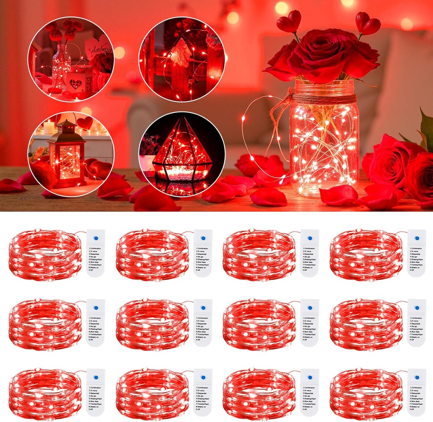 Minetom 12 Pack Red Christmas Lights - 7ft Battery Operated Fairy Lights | 20 LED Waterproof Twinkle Lights for Valentine's Day Decor