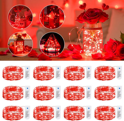 Minetom 12 Pack Red Christmas Lights - 7ft Battery Operated Fairy Lights | 20 LED Waterproof Twinkle Lights for Valentine's Day Decor