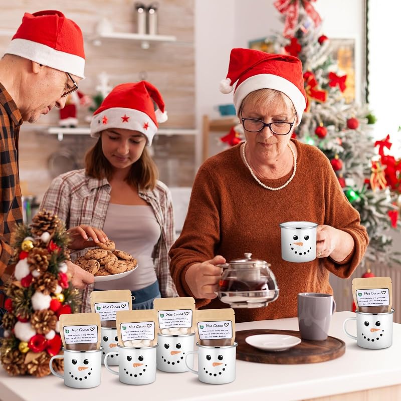 6-Piece Christmas Hot Cocoa Gift Set with Snowman Enamel Mugs, Kraft Pouches & Labels