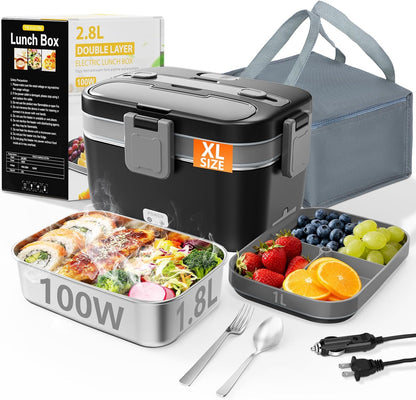 Skiennix Electric Lunch Box - 2.8L Double Layer Food Heater for Home, Office & Travel - Black