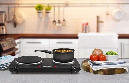 Elite Gourmet EDB-302BF Double Cast Iron Burner - 1500 Watts Electric Hot Plate with Temperature Control & Power Indicator Lights - Black