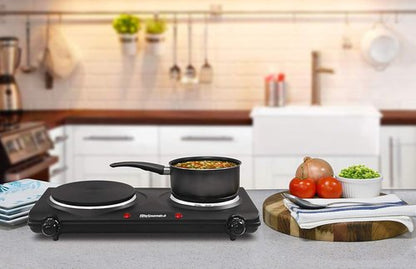 Elite Gourmet EDB-302BF Double Cast Iron Burner - 1500 Watts Electric Hot Plate with Temperature Control & Power Indicator Lights - Black
